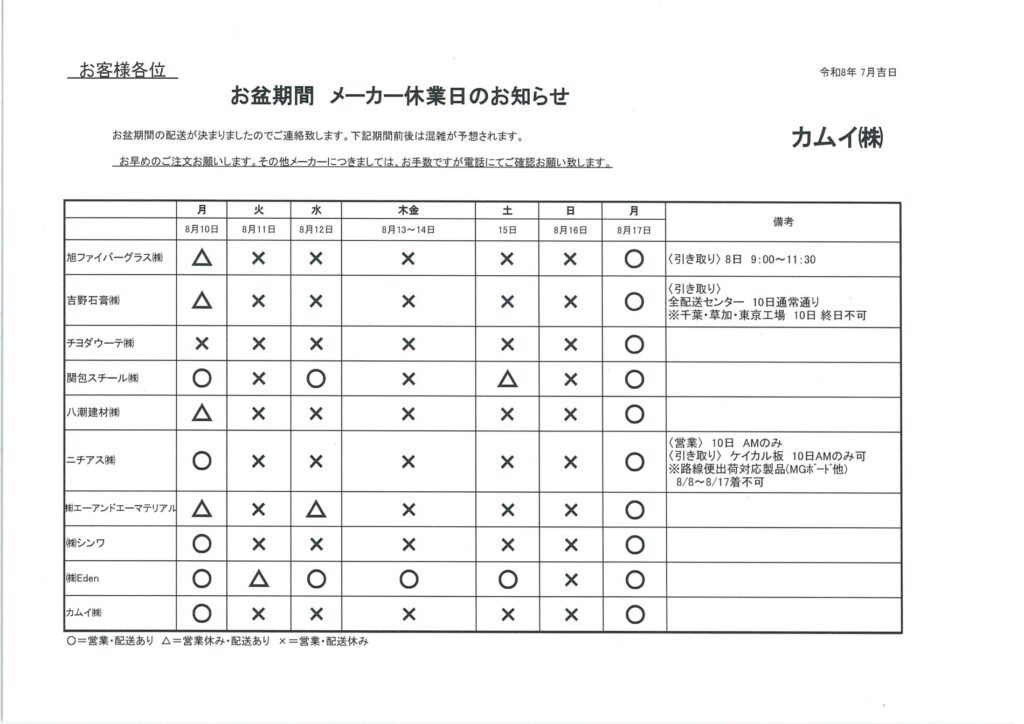 お盆期間　メーカー休業日
