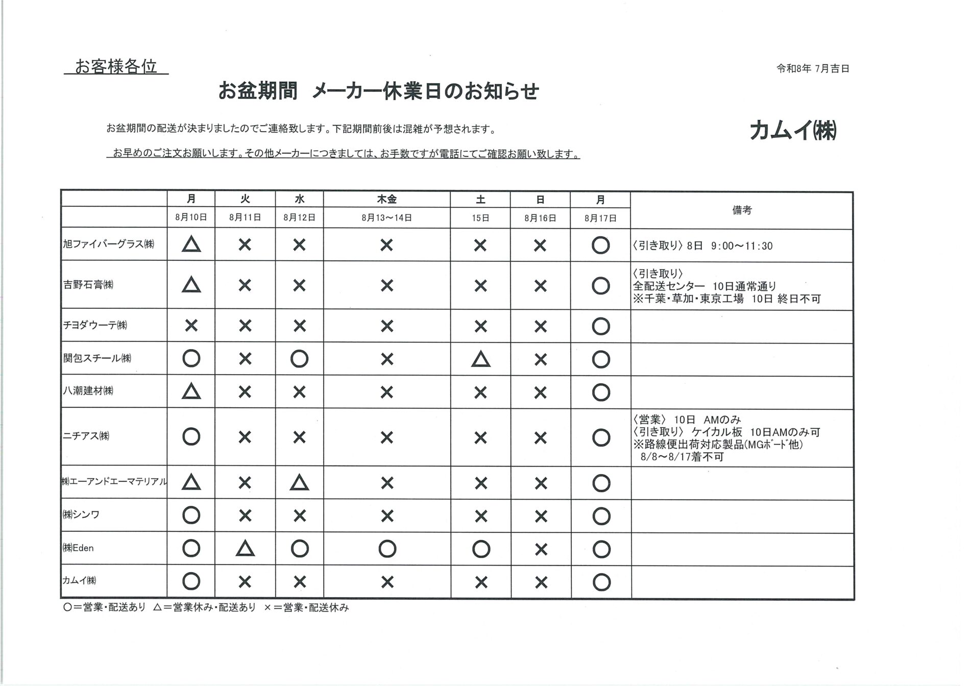 お盆期間　メーカー休業日